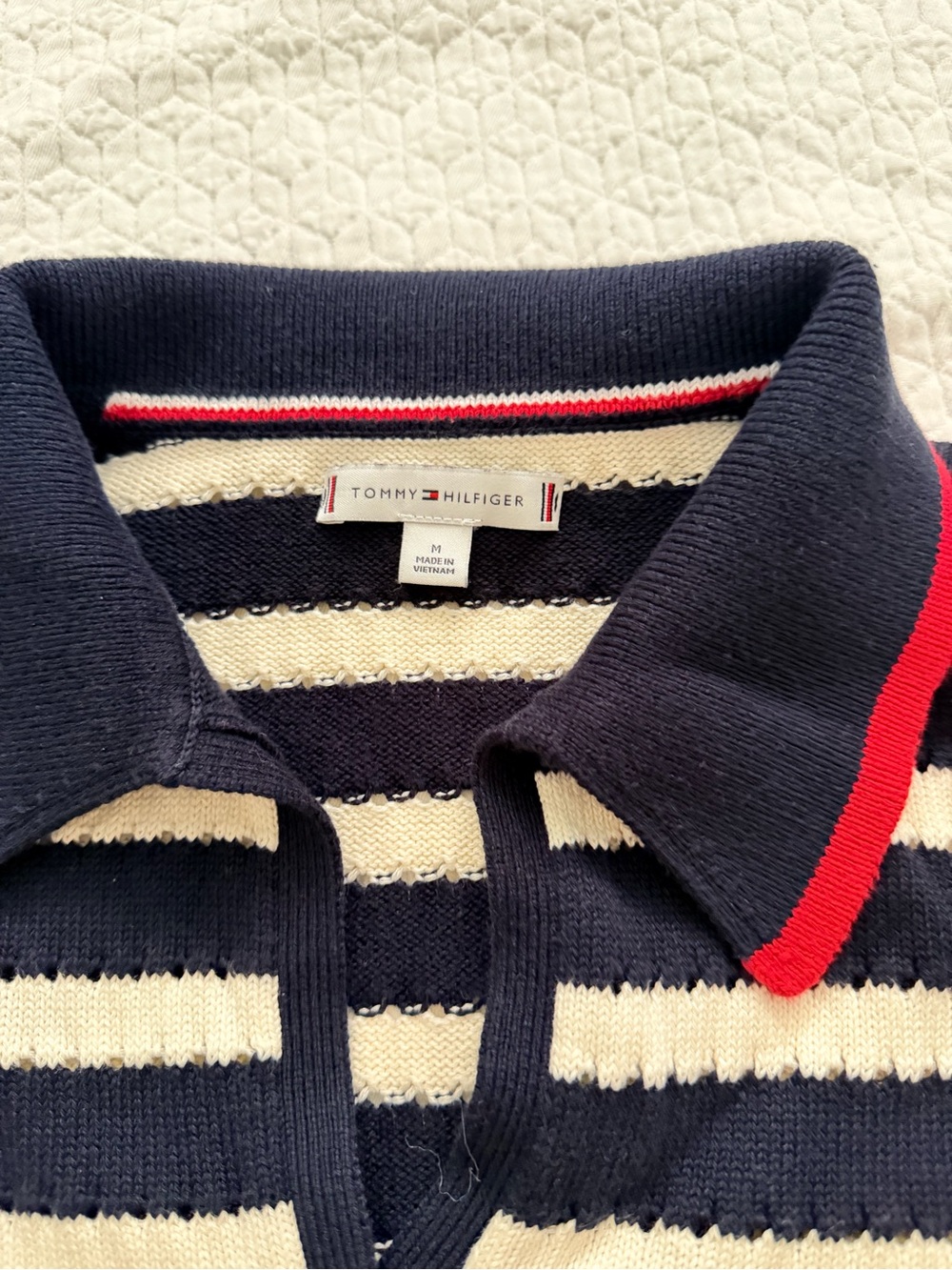 Tommy Striped Navy and White Polo Sweater with Red-Trim Collar Size M - Picture 5 of 10
